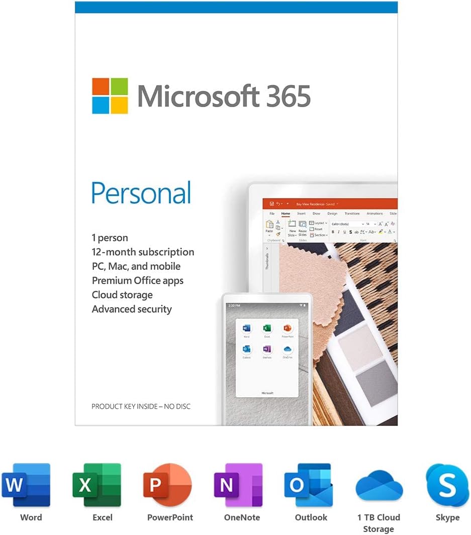 Microsoft 365 Personal | 12-Month Subscription, 1 Person| Premium Office Apps | 1TB OneDrive Cloud Storage | PC/Mac Keycard